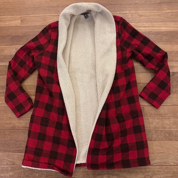 Eddie Bauer Sweaters - Eddie Bauer Women's Red Buffalo Plaid Sherpa Lined Cardigan - Size M
 b91